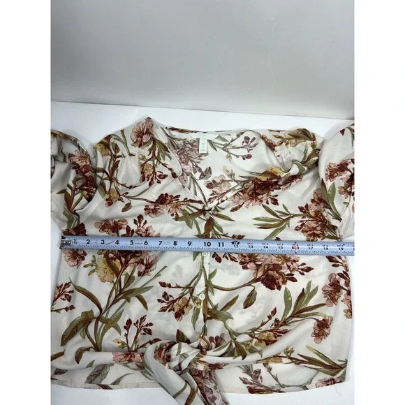H&M Size 8 Women White Brown Floral Long Sleeve Button-Up Front Tie Top Blouse - Picture 7 of 10